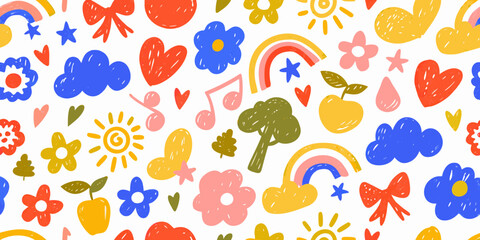 Whimsical hand drawn pattern of colorful elements for childrens designs