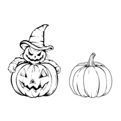 hand drawn halloween pumpkin and jack o'Lantern black and white vector illustration