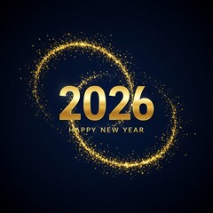 A striking graphic with metallic gold text and glittering particles for New Year 2026.