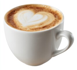 Obraz premium Steaming coffee with creamy foam artfully swirled into a heart shape, presented in a clean, white cup against a stark background. Isolated drink