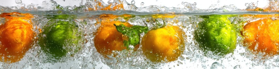 Fruits splash in water. A row of colorful fruits sink. Bubbles surround the fruits. Some foliage is visible above the fruits