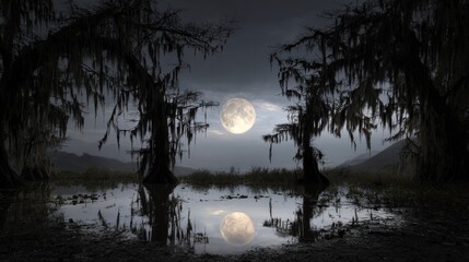Moonlit swamp scene reflecting the sky. Dark silhouetted trees frame a luminous moon and its reflection over still water creating eerie yet calming mood