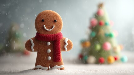 A festive gingerbread man with a red scarf stands in the snow, a decorated tree blurred in the background, evoking a warm holiday spirit