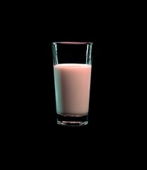 A clear glass holds a light pink liquid on a black backdrop, lit with a cyan sheen and pink rim highlights