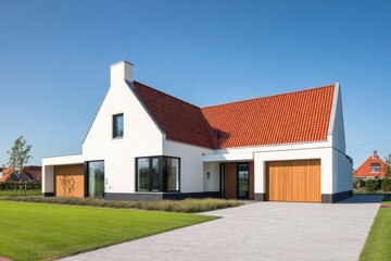 Obraz premium This contemporary house design showcases a striking red-tiled roof complemented by elegant wooden accents, all beautifully framed against a bright blue sky during the day