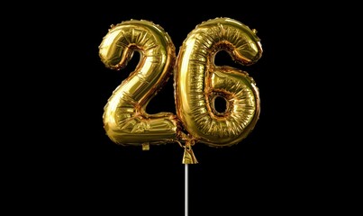 Golden number '26' foil balloons on a stick, centered against a stark black background. Festive, shiny, and celebratory