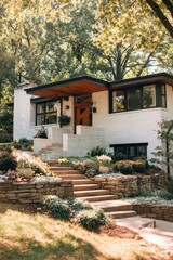 Modern two-story house with elegant landscaping and lush greenery situated in a serene suburban neighborhood on a sunny day