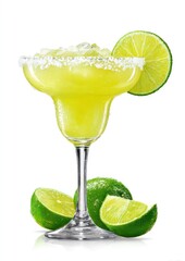 A vibrant yellow margarita cocktail in a salted glass garnished with a lime slice, accompanied by halved limes, set against a white backdrop