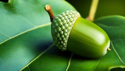 green acorn on a green leaf