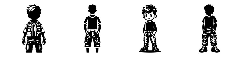 Modern Minimalist Boy with Half Body Wearing Cargo Pants Icon, Flat Silhouette of a Casual Outfit Vector for Fashion Illustration Design
