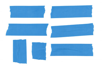 Realistic blue adhesive tape strips with torn edges, displaying wrinkled texture against transparent backdrop, suitable for graphic design needs