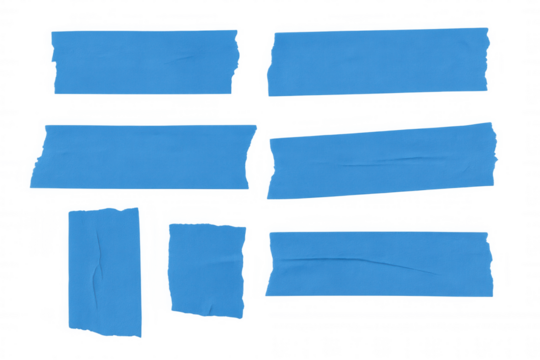 Realistic blue adhesive tape strips with torn edges, displaying wrinkled texture against transparent backdrop, suitable for graphic design needs - Powered by Adobe