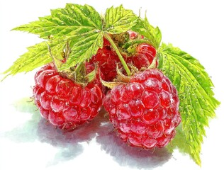Stylized close-up of three vibrant red raspberries with attached green leaves, artistically rendered with a painterly, slightly abstract, aesthetic