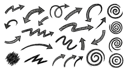 Collection of hand-drawn arrows and spiral designs, perfect for visual communication and creative projects.