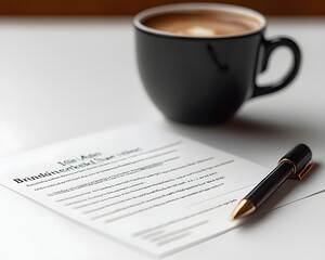 Branding and event document with pen and coffee cup symbolizing business planning and agreements
