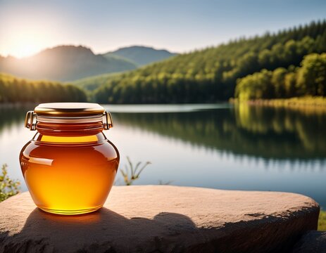 honigtopf in der natur ohne etikette mockup honig see im hintergrund