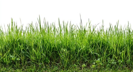 Lush green grass with varying blades and a bright white background, shot at ground level creating a nature filled horizontal image