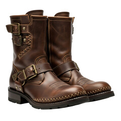 A pair of rugged brown leather biker boots with buckles and straps, isolated on transparent background