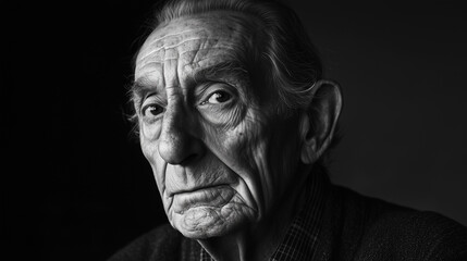 Black and white portrait of elderly man with deep wrinkles
