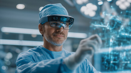 Augmented Reality Surgery: A surgeon using AR glasses in an OR with a holographic display a scalpel and a high tech operating room. high quality photo ultra high detail 8K res