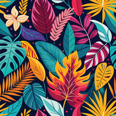 Vibrant Tropical Foliage Pattern Exotic Leaves and Flowers Dark Background Botanical Illustration