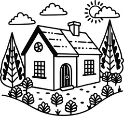 Fototapeta premium Charming countryside house with lush green garden and blue sky isolated on white background isolated on transparent background