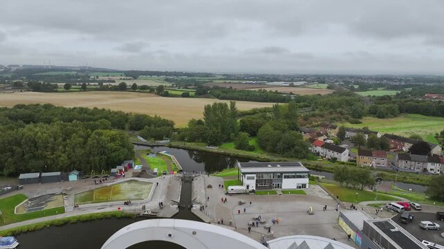 Falkirk Wheel from a drone, Forth and Clyde Canal, Falkirk, Scotland, UK