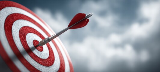Bullseye target pierced by a red arrow against a blurry sky. Focus is sharp on the target and arrow, suggesting precision and accuracy