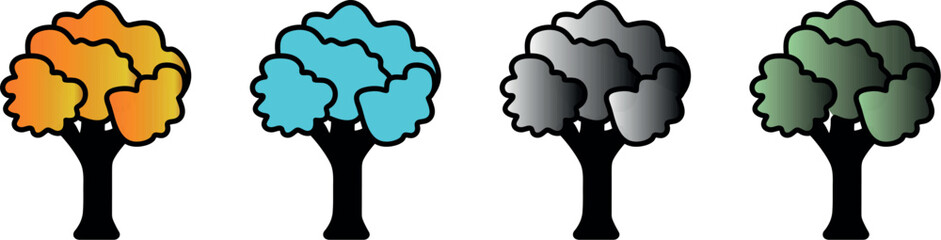 Beautiful Flat Vector Illustration of Cartoon Trees – Playful Gradient Colour Plant Collection Isolated on White, Ideal for Nature Graphics, Eco Projects, and Lifestyle Designs