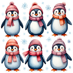Fototapeta premium Adorable Watercolor Penguin Collection Wearing Winter Hats and Scarves surrounded by Delicate Snowflakes Perfect for Festive Holiday Projects