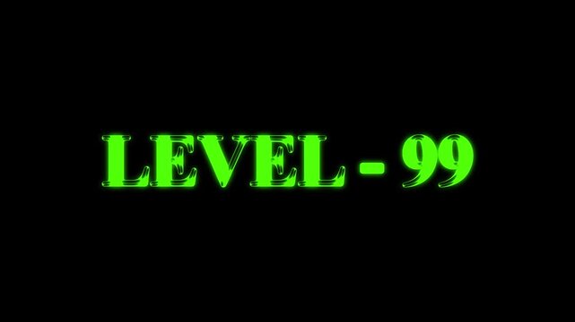 Animated level 99 text on black background suitable for gaming and streaming content. Retro animation of level glitch text with glitch effect on black background. Level sign text animation.