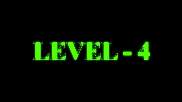 Animated level 4 text on black background suitable for gaming and streaming content. Retro animation of level glitch text with glitch effect on black background. Level sign text animation.