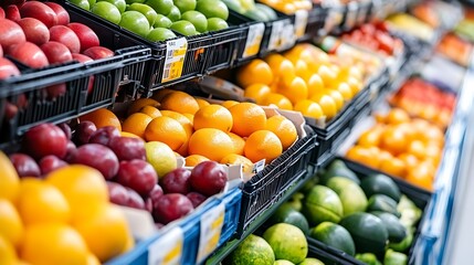 Fresh Fruit on Display in Supermarket Produce Section, EyeLevel View of Variety