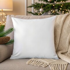 Throw pillow mockup for Christmas Blank white square pillow on a beige sofa with a cozy throw and Christmas tree in the background — minimalist holiday home decor mockup.