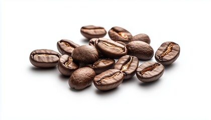 Naklejka premium Brown Roasted Coffee Beans: Isolated White Beans On A White Background - Seed Of The Coffee Plant, Freshly Brewed.