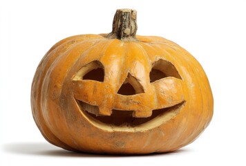 A carved, orange pumpkin with a happy face sits on a white background, illuminated to cast a slight shadow. Fresh stem on top, ready for autumn season