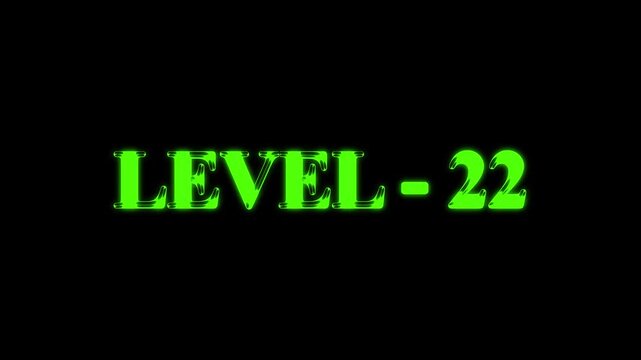 Animated level 22 text on black background suitable for gaming and streaming content. Retro animation of level glitch text with glitch effect on black background. Level sign text animation.