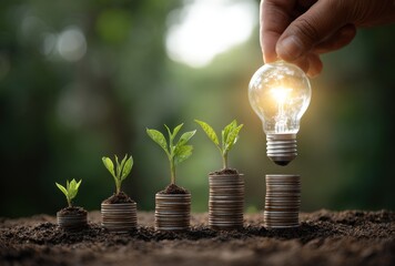 Stacking coins supporting small plants, with a hand holding a glowing lightbulb, illustrating growth and ideas in a lush, blurred natural background