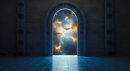 Fototapeta premium Ornate archway reveals a breathtaking view of a vibrant nebula and distant stars