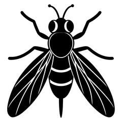 Stylized black silhouette of a fly with large eyes and striped abdomen