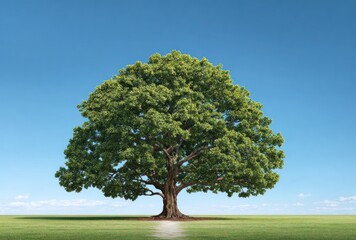 Fototapeta premium A majestic tree with lush green foliage stands tall on a grassy field under a clear blue sky, evoking a sense of serenity and natural beauty