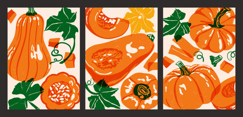 Pumpkin posters. Thanksgiving celebration cards with pumpkins, butternut squash and leaves, autumn vegetables harvest festival holiday banners, modern food backgrounds. Vector set