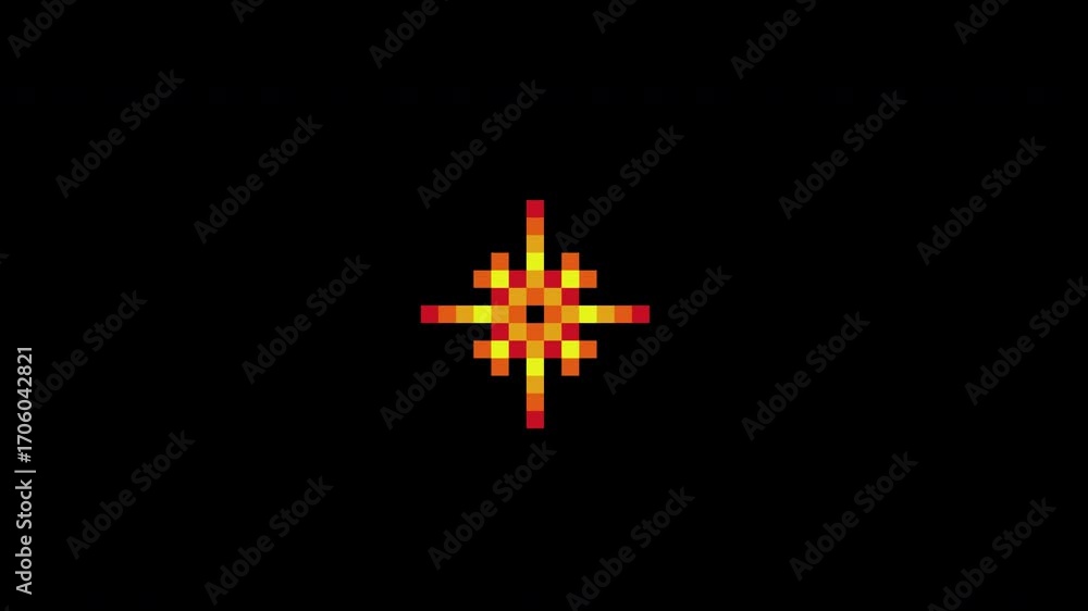 Poster colorful pixel art explosion animation with red and yellow flash effect. digital arcade game graphic