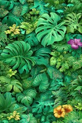 Fototapeta premium Lush arrangement of varied green foliage. Monstera leaves are prominent, with bursts of purple and orange blooms. The scene evokes a tropical, dense jungle
