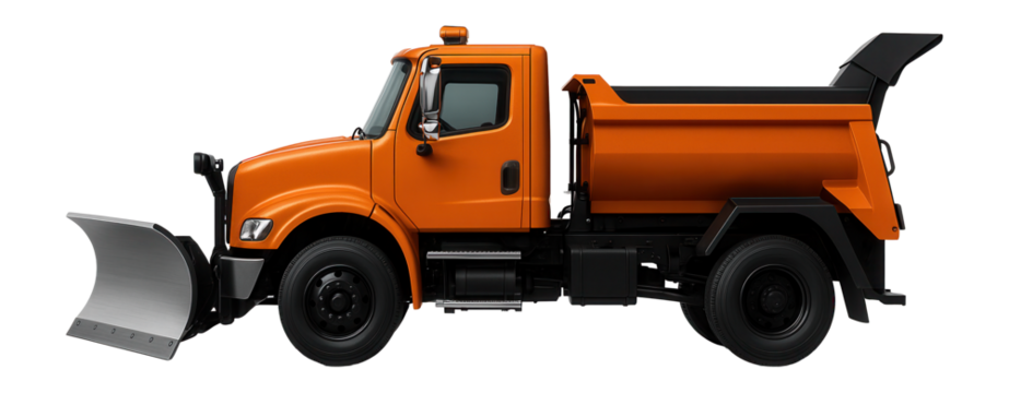 Bright orange snow plow truck with a front-mounted plow and side chute for snow discharge