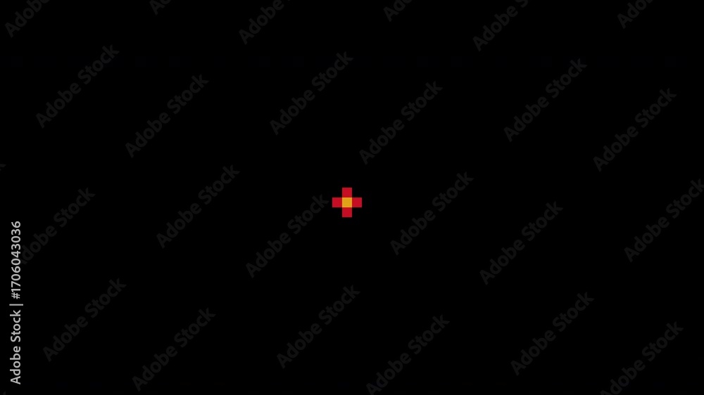 Poster red pixel art explosion with scattered squares on a black background loop video animation.