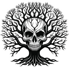 Skull Tree of Life Silhouette Art Death and Rebirth Symbolism Black and White Vector