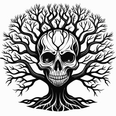 Macabre Tree of Life Skull Grim Reaper Halloween Death Symbol Black and White Vector Art