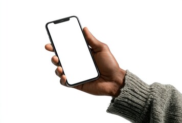 Arm extends a blank-screened smartphone on a white background, partially showing a gray, textured sweater sleeve. Mockup ready