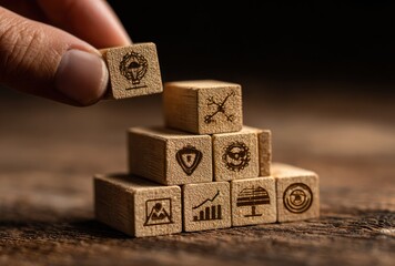 A hand places a wooden cube with a drawing atop a pyramid of similar cubes, each cube adorned with different symbolic drawings